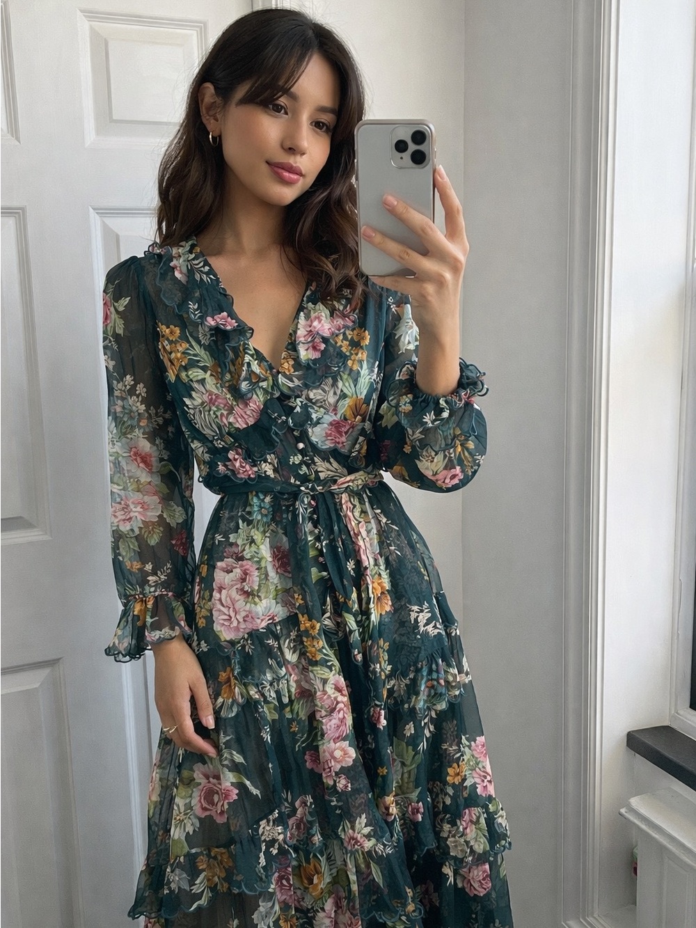 Zimmermann Dark Green Floral Ruffled Wrap Maxi Dress